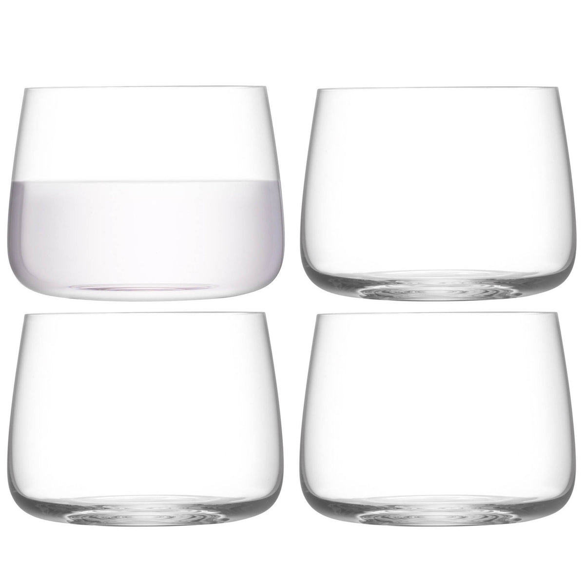 Set of four clear LSA Metropolitan stemless wine glasses, 360ml capacity, with sleek modern design.