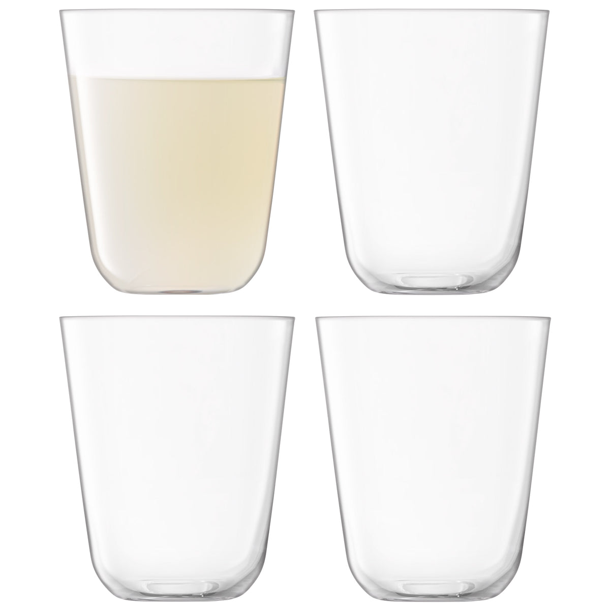 Set of four clear LSA Tumbler ARC glasses, 380ml capacity, showcasing sleek, modern design on a clean surface.