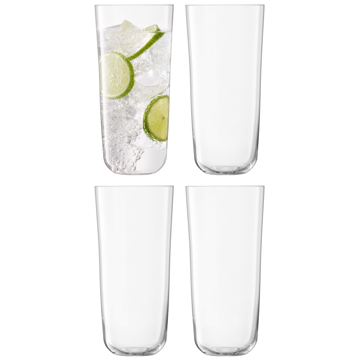 Set of four clear LSA ARC longdrink glasses, 550ml capacity, designed for elegant serving of beverages.