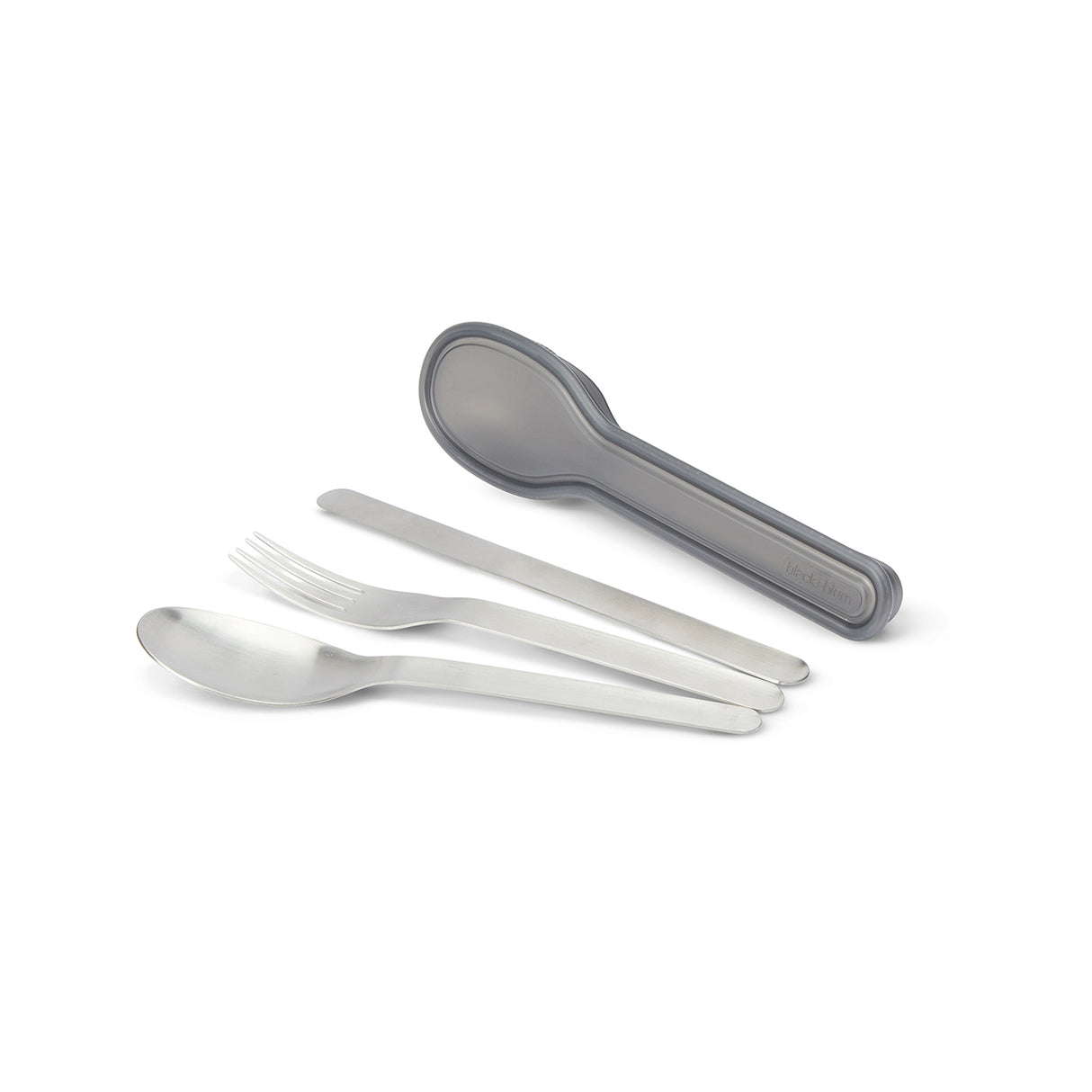 Edelstahl-Besteck von BLACK+BLUM für To-Go-Lunch, kompaktes Besteckset mit Gabel, Messer und Löffel in modernem Design.