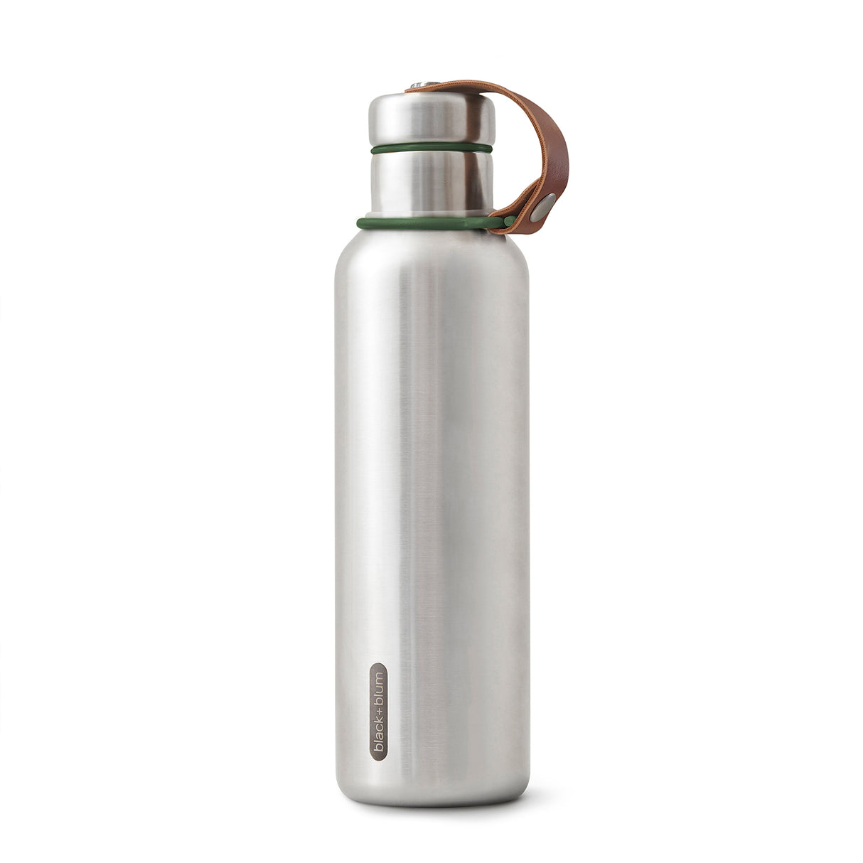 Schwarze BLACK+BLUM Isolierflasche aus Edelstahl, langlebig und isolierend für Getränke, Blick auf das elegante Design.