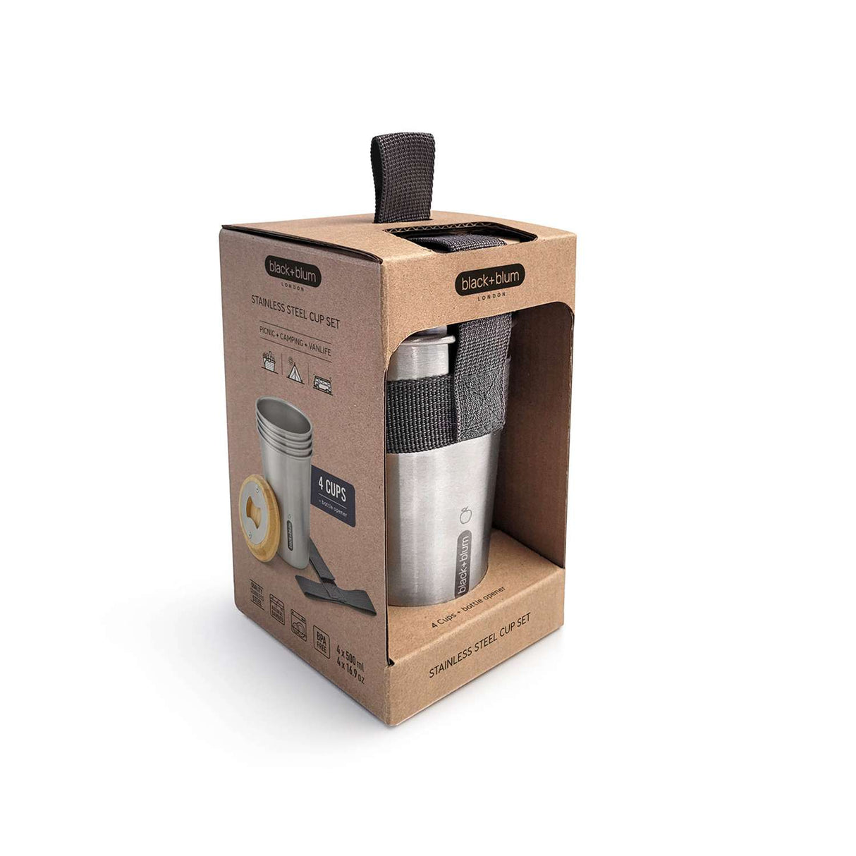 Edelstahl Camping-Set mit 4 Tellern von black+blum, robustes Geschirr-Set für Outdoor-Aktivitäten, klare Linien und langlebiges Design.