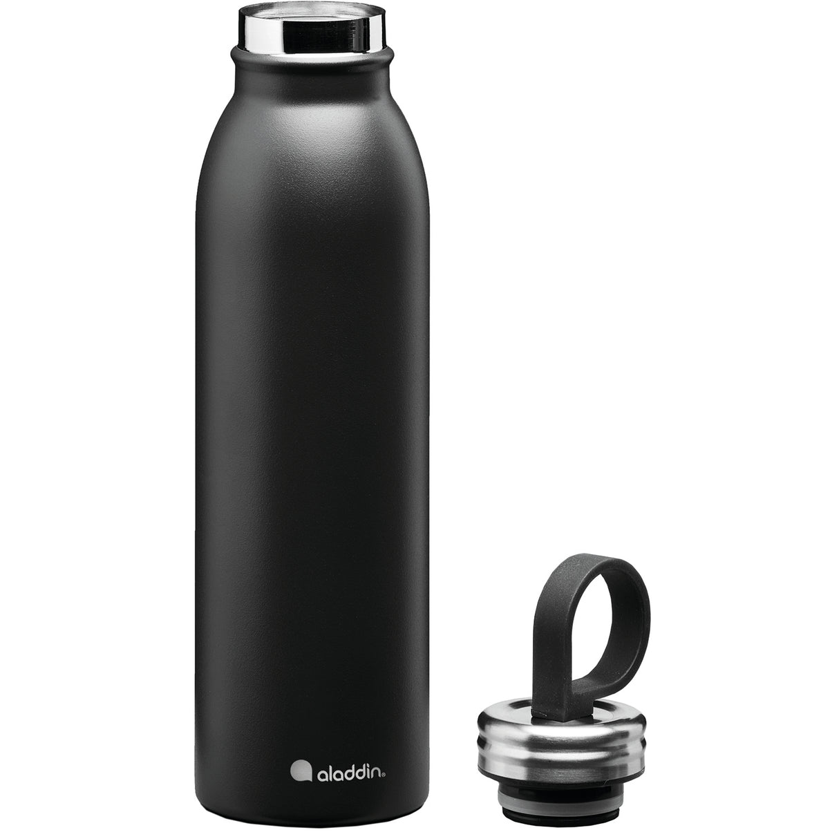 Schwarze ALADDIN Isolierflasche CHILLED, 550 ml, aus Edelstahl, mit Schraubverschluss und doppelter Isolierung, auf einem weißen Hintergrund.