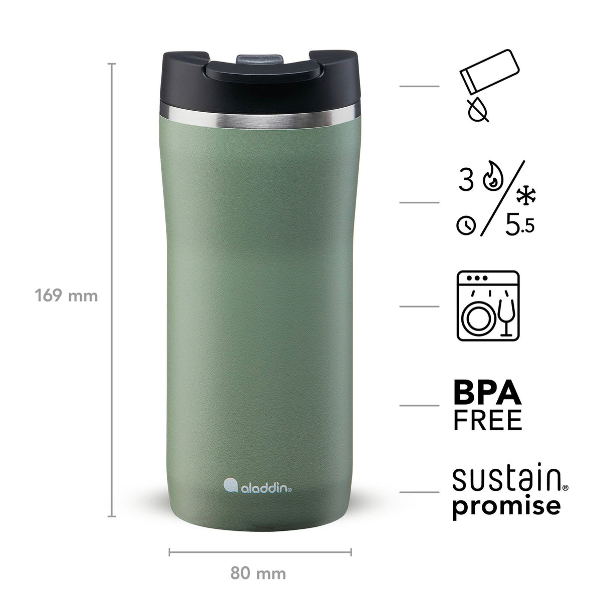 Grüner ALADDIN Thermobecher Barista, 350 ml, isoliert, mit Deckel und Griff, für Kaffee oder Tee, aus Edelstahl