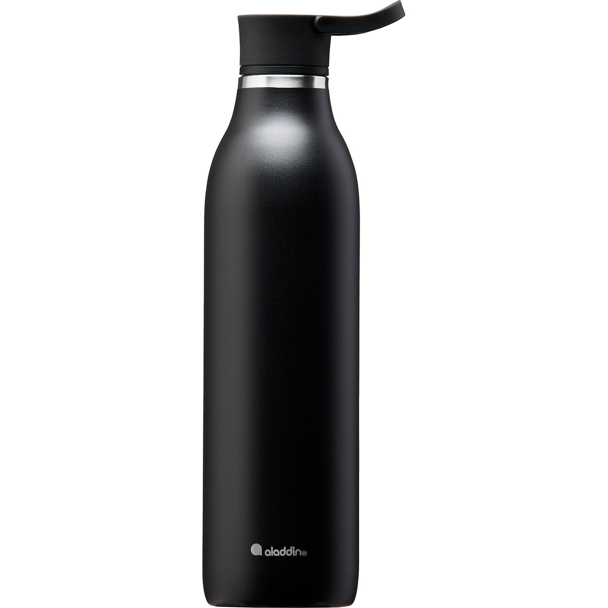 Schwarze ALADDIN Isolierflasche CITY LOOP, 600 ml, aus Edelstahl, für warme und kalte Getränke, auf einem Tisch stehend