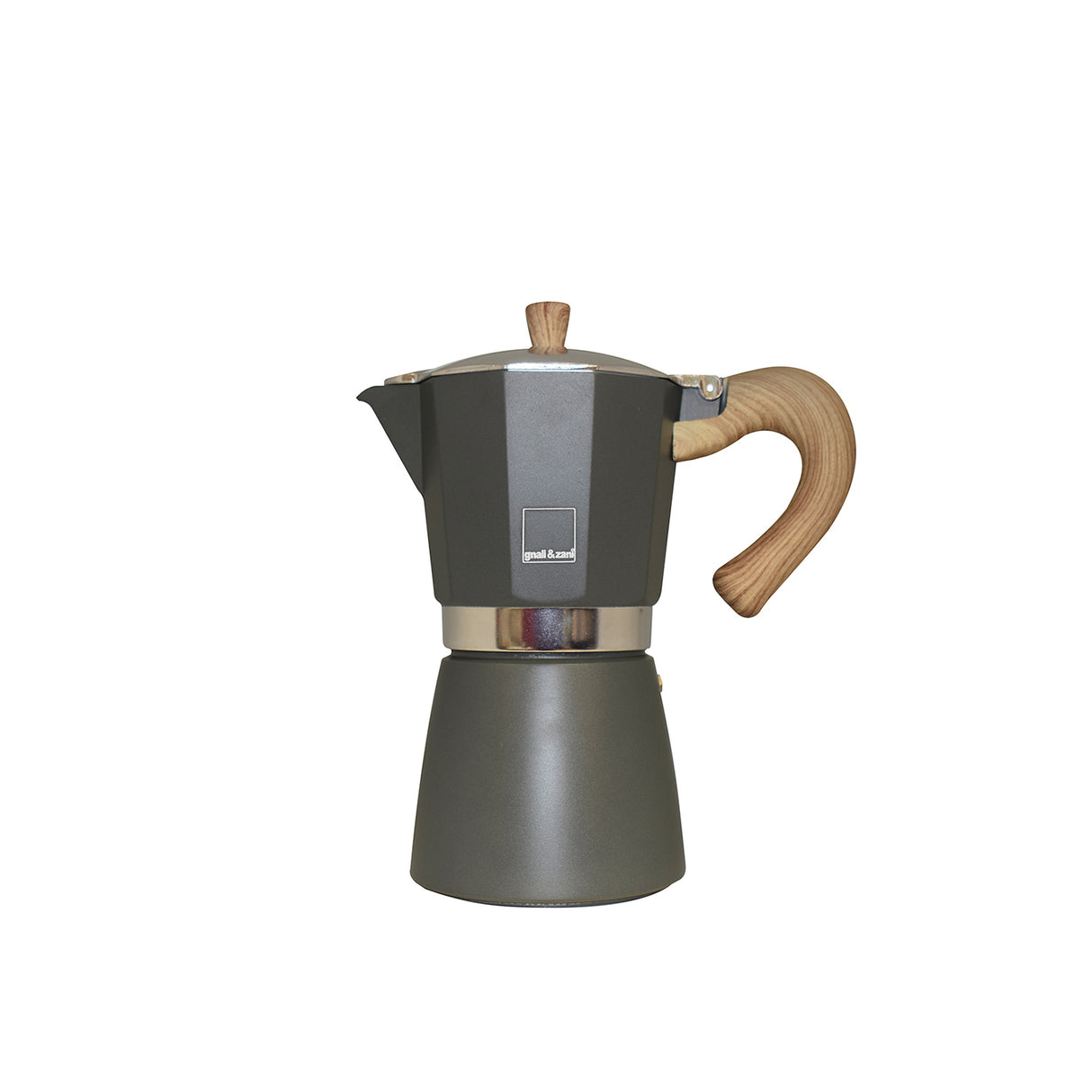 Grauer GNALI & ZANI Espressokocher Venezia aus Edelstahl, zeigt den handlichen Kaffeebereiter für Espresso.
