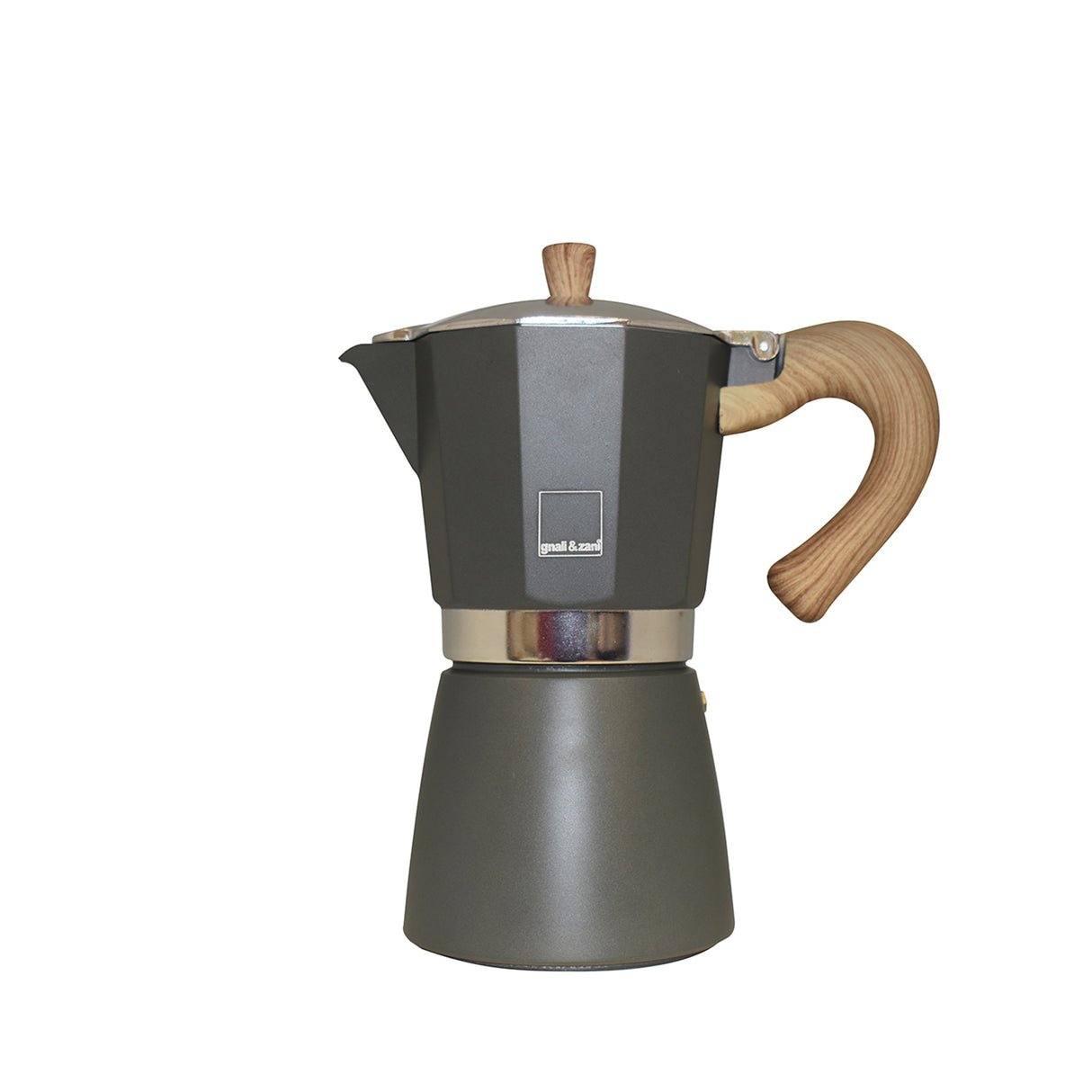 Grauer GNALI & ZANI Espressokocher Venezia auf Herd, elegantes Design für aromatischen Kaffee, Edelstahl, handgefertigt