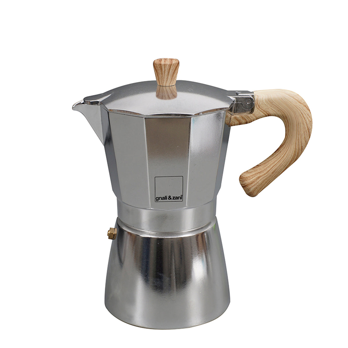 Alu Espressokocher VENEZIA von GNALI & ZANI mit schwarzem Griff und Edelstahlfilter, auf Herdplatte stehend