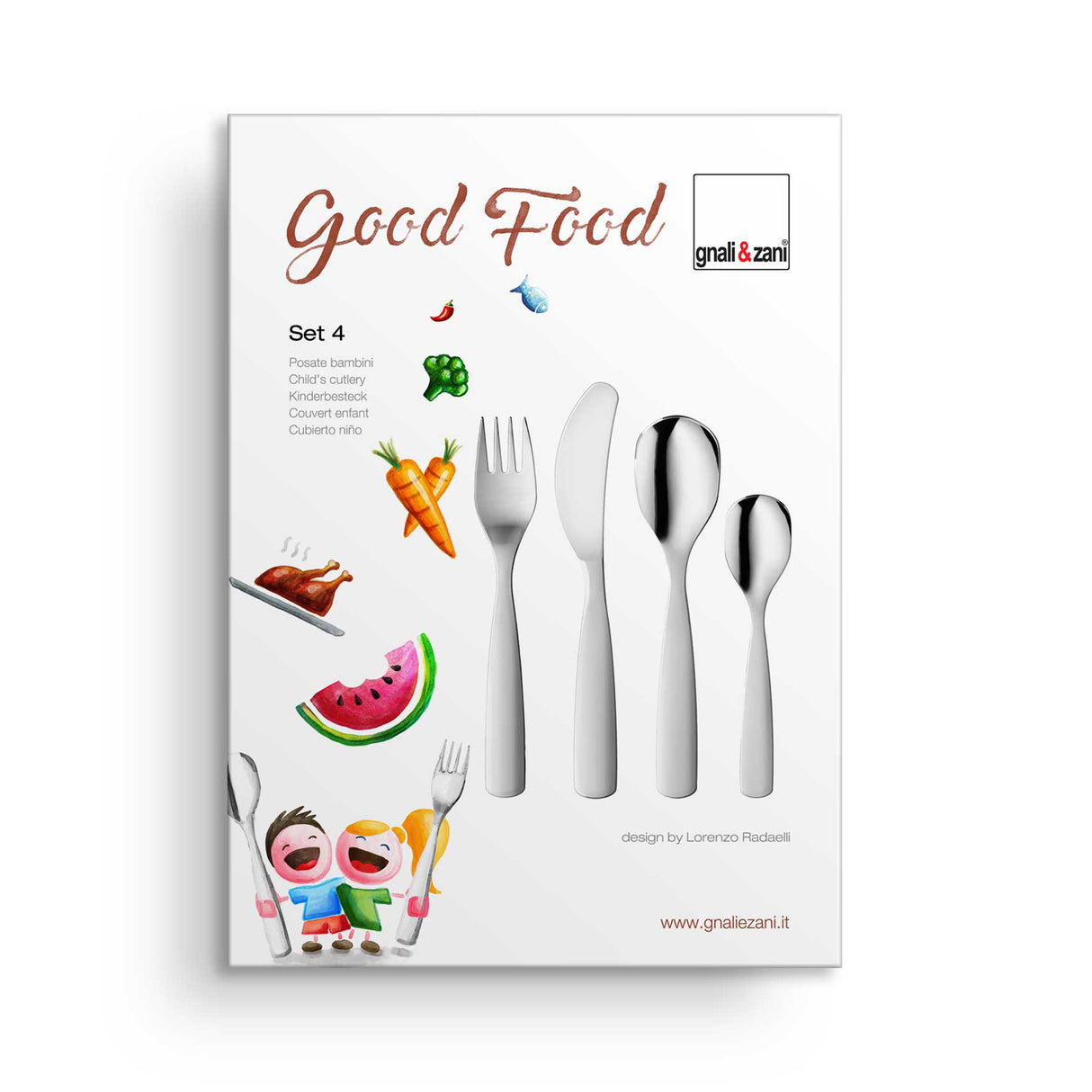 Kinderbesteck von GNALI & ZANI aus Edelstahl in neutralem Design, perfekt für Kinder zum Essen.