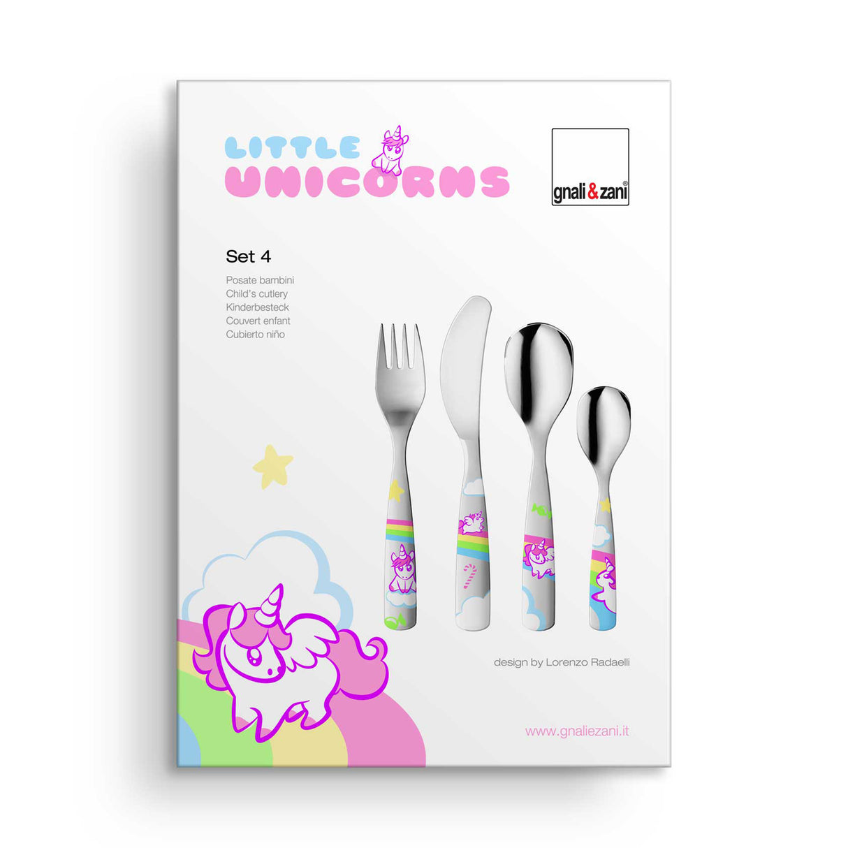 Kinderbesteck Set von GNALI & ZANI mit kleinen Einhörnern, langlebiges Besteck für Kinder, kindgerechte Griffe und verspieltes Design
