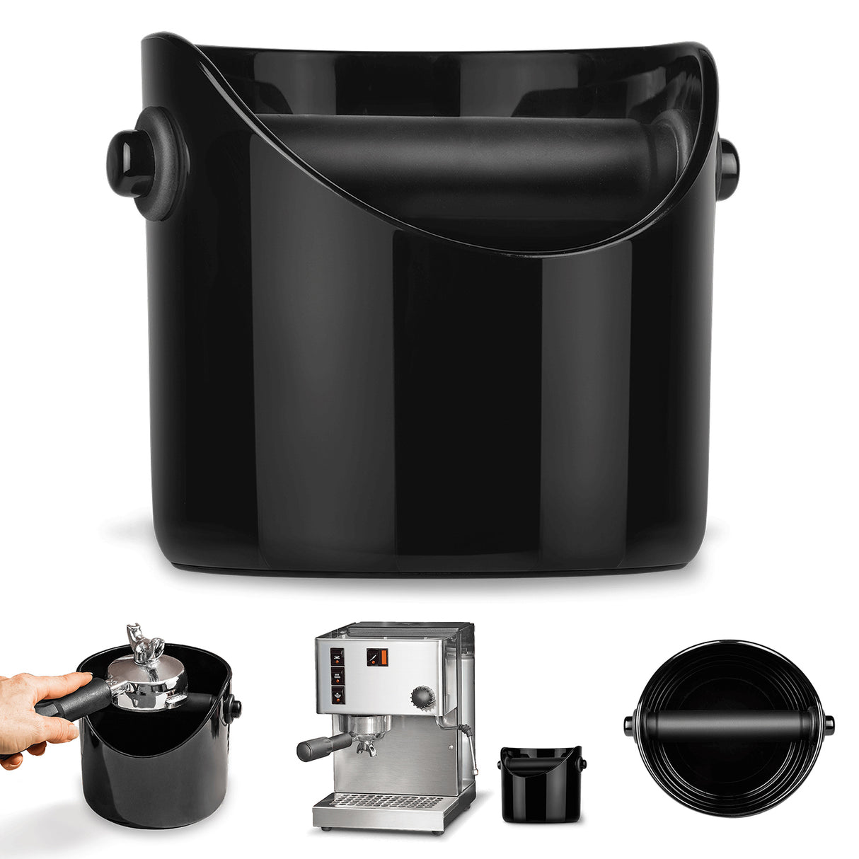 DREAMFARM Kaffeesatz-Behälter aus Edelstahl, ideal zum Sammeln von Kaffeesatz in modernem Design.