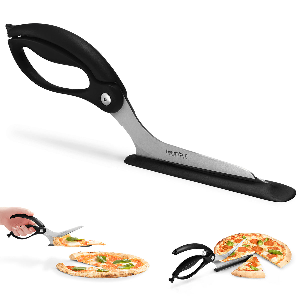 DREAMFARM Pizzaschere SCIZZA mit Edelstahlklinge und ergonomischem Griff, ideal zum Schneiden von Pizza.