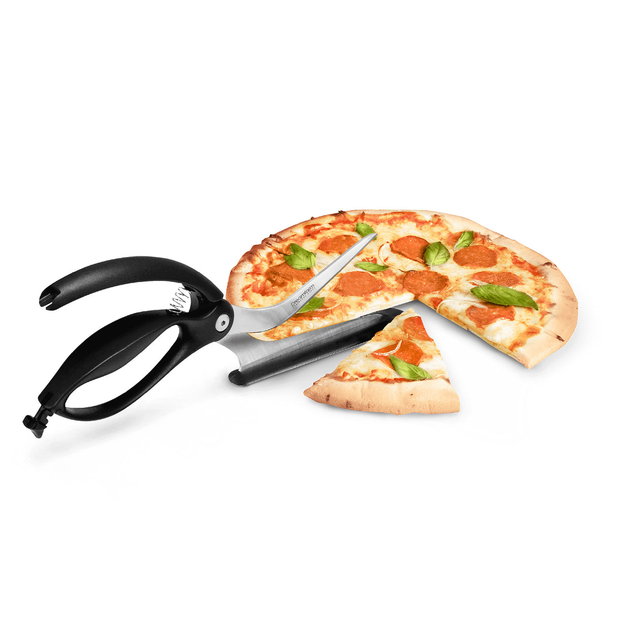 DREAMFARM Pizzaschere SCIZZA mit Edelstahlklinge und schwarzem Griff, ideal zum Schneiden von Pizzastücken, nah aufgenommen