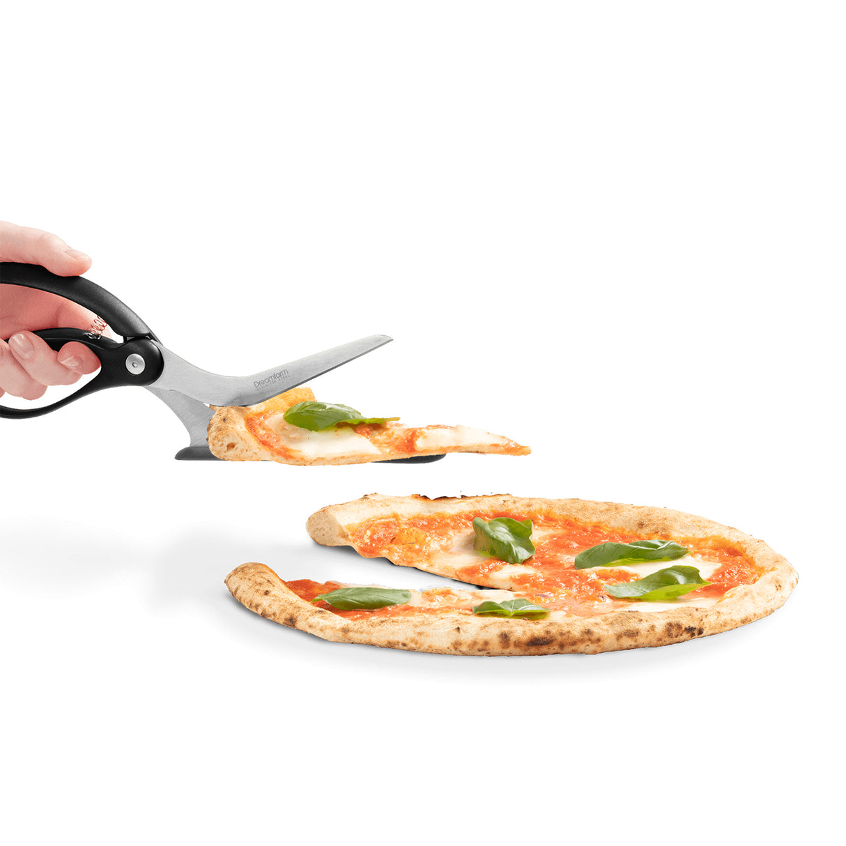 DREAMFARM Pizzaschere SCIZZA mit rostfreiem Edelstahlmesser und schwarzem Kunststoffgriff, ideal zum Schneiden von Pizza.
