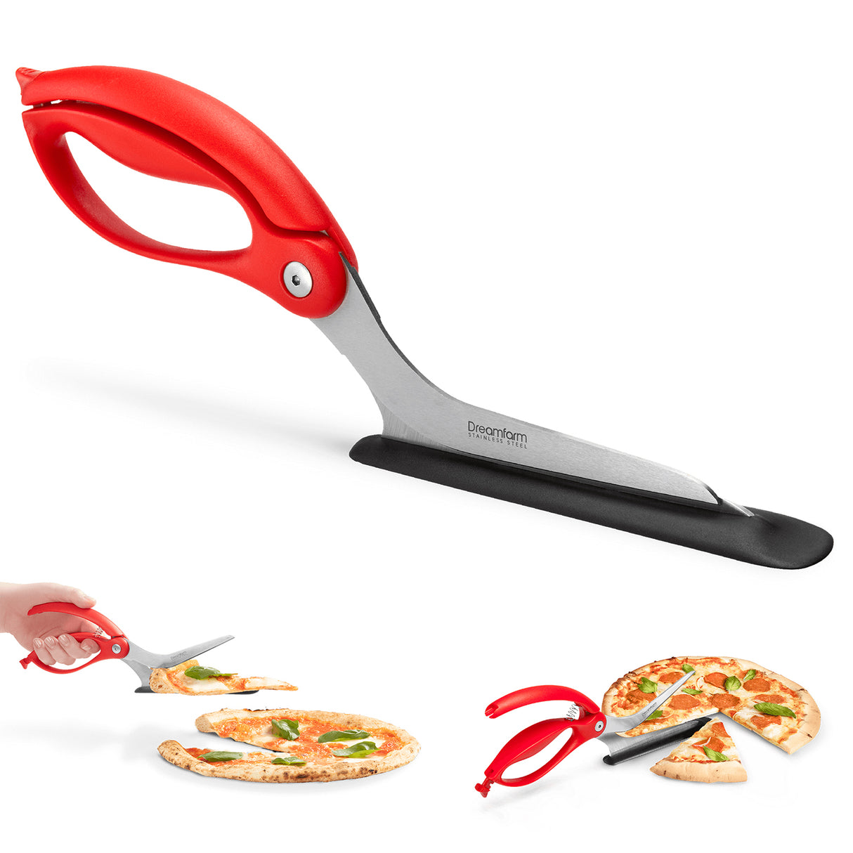 DREAMFARM Pizzaschere SCIZZA mit rostfreiem Edelstahlmesser und ergonomischem Griff, perfekt zum Schneiden von Pizza.