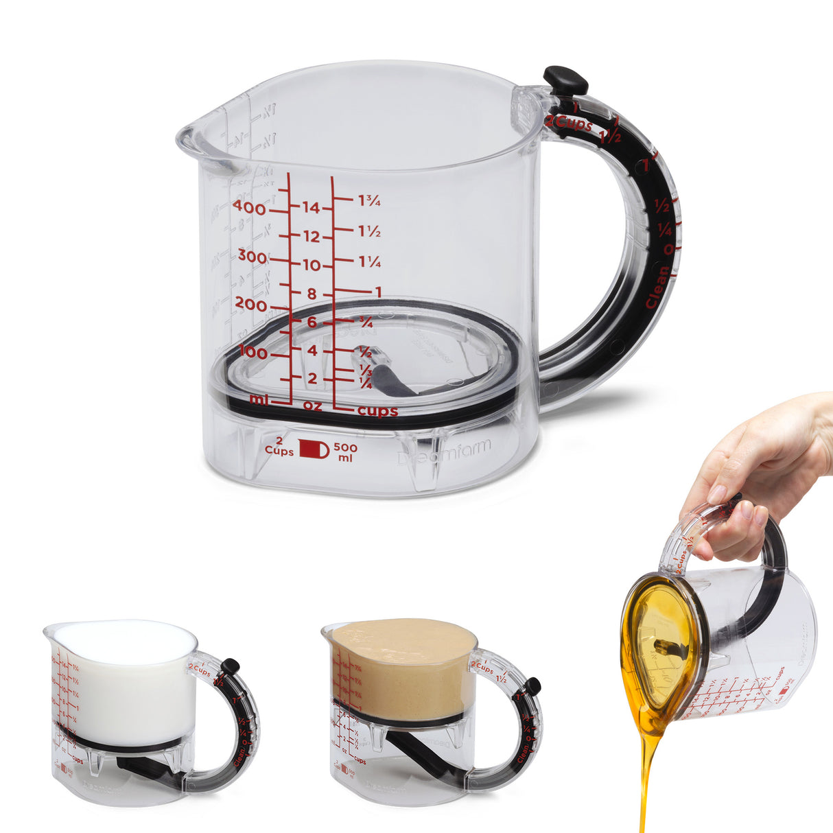 Messbecher von DREAMFARM mit Messskala aus transparentem Kunststoff, ideal zum Abmessen von Flüssigkeiten.