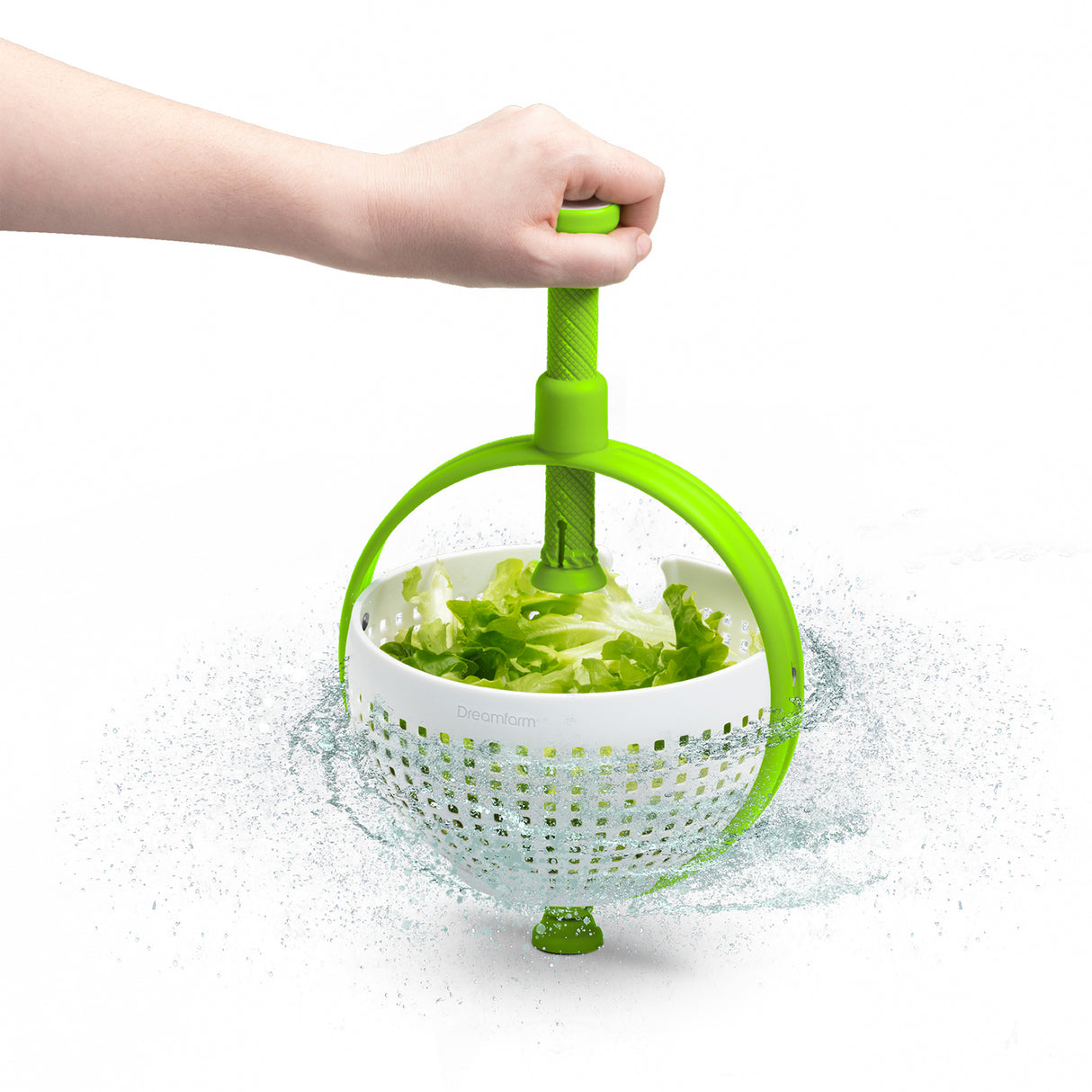 Grüne DREAMFARM Salatschleuder 2in1 SPINA mit 3,4 Liter Fassungsvermögen, für gründliches Waschen und Trocknen von Salat.