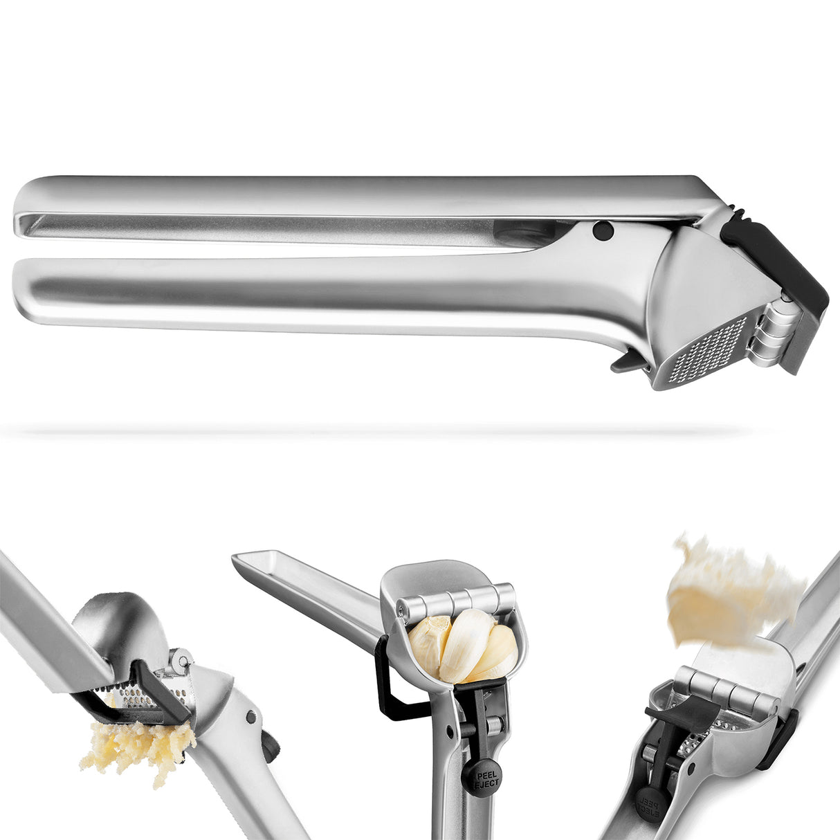 DREAMFARM Knoblauchpresse GARJECT aus Edelstahl, handliches Küchengerät zum einfachen Zerkleinern von Knoblauch.