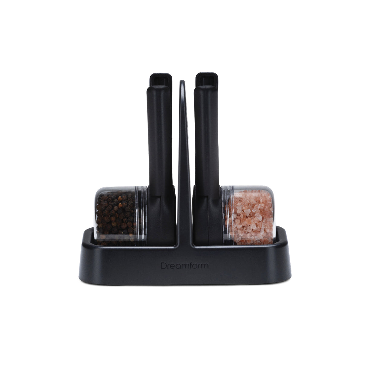 DREAMFARM Gewürzmühlen Set ORTWO Lite in Schwarz, zwei elegante Mühlen für Salz und Pfeffer, modernes Design.