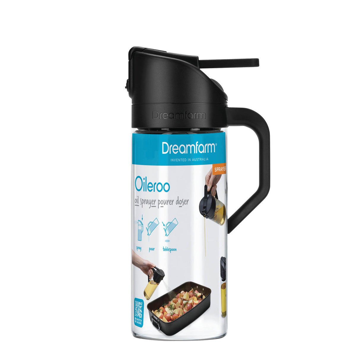 DREAMFARM Ölsprüh-Flasche OILEROO in Schwarz, 400 ml, mit Spraykopf für gleichmäßiges Ölieren und Kochen.