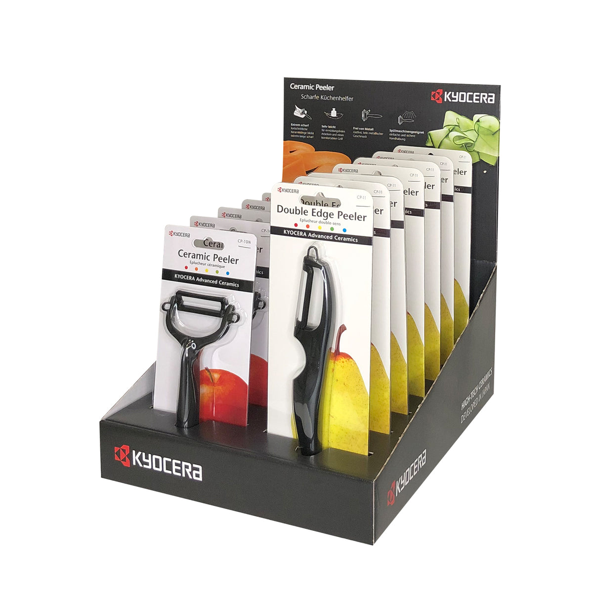 Display für Kyocera Schäler, hochwertiges Thekendisplay mit mehreren Messern, ideal für den Verkauf in Küchen- oder Kochgeschäften.