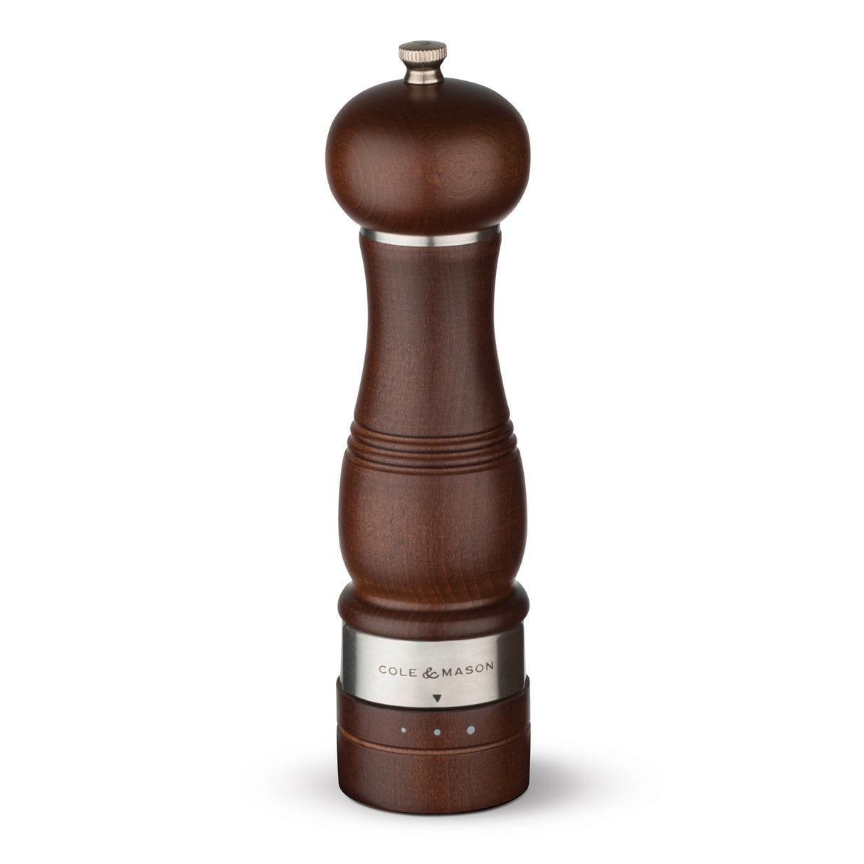 Holz-Edelstahl-Salzmühle von Cole & Mason, ARDINGLY, mit transparentem Behälter und verstellbarem Mahlwerk.