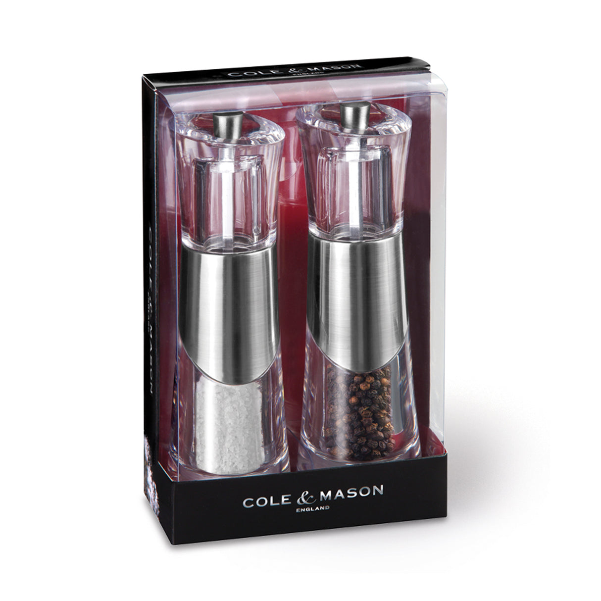 Acryl-Edelstahl-Mühle BOBBI im Geschenkset, 18,5 cm hoch, von Cole & Mason, stilvolle Gewürzmühle für Salz und Pfeffer