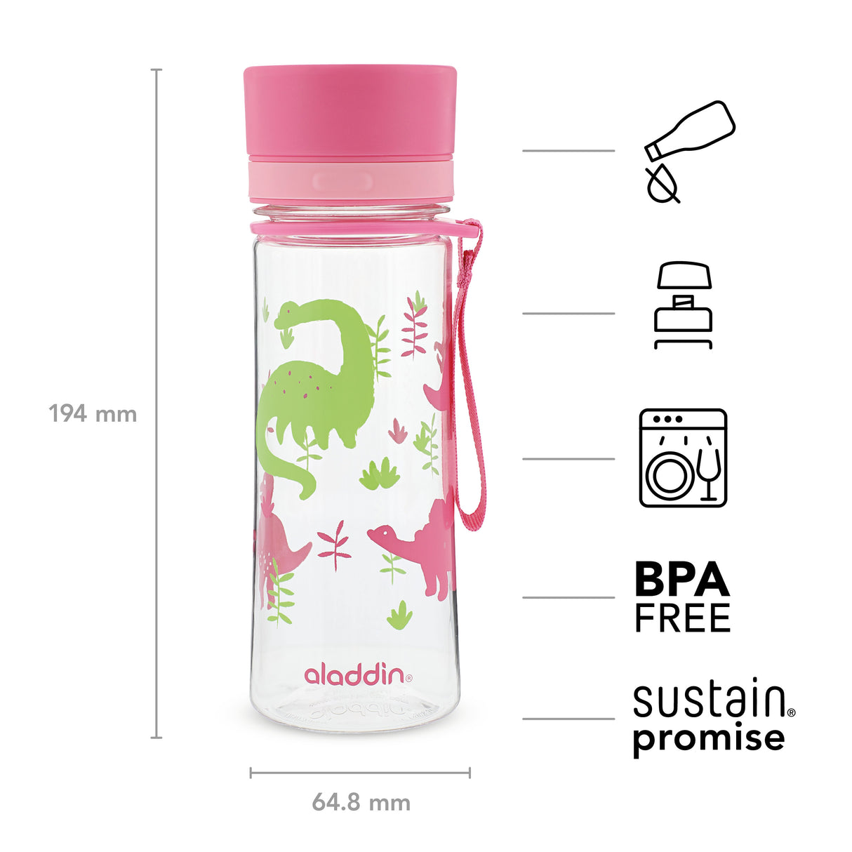 Aladdin AVEO Kindertrinkflasche mit Dinosaurier-Design, 350 ml, aus robustem Kunststoff für Kinder.