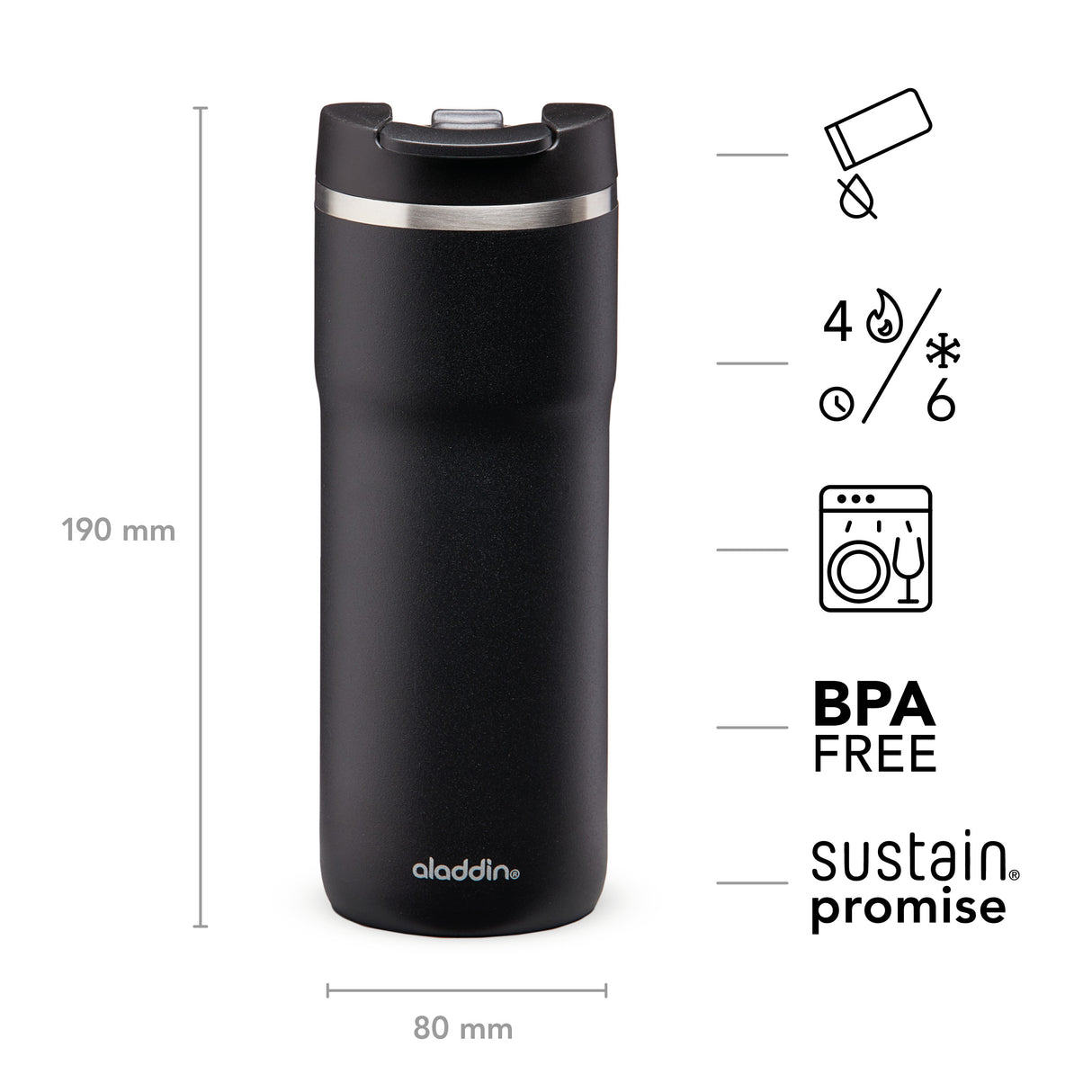 Aladdin Barista Thermobecher in Lava-Schwarz, Edelstahl, mit Leak-Lock-Verschluss, in 0,47L, 0,65L oder 0,75L Größe.