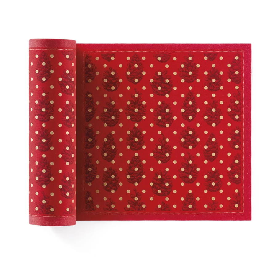 Elegante Servietten und Tischset mit Tannenzapfen-Motiv von MY DRAP, in zwei Varianten, für festliche Tischdekoration.