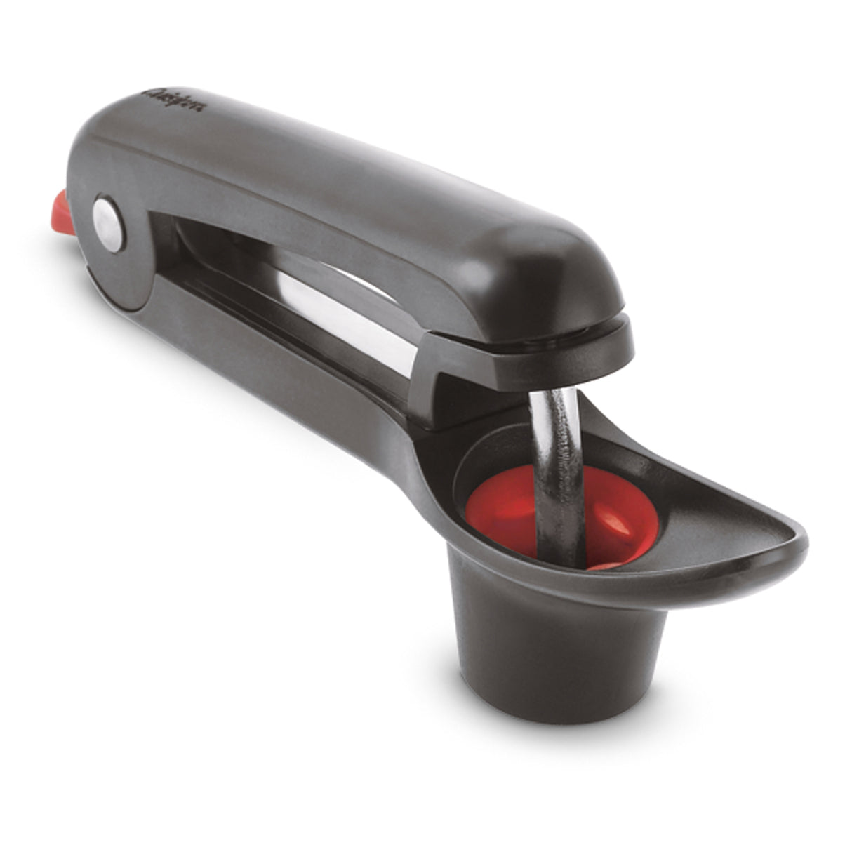 Schwarzer CUISIPRO Kirsch- und Olivenentkerner mit ergonomischem Griff, zum Entkernen von Kirschen und Oliven.