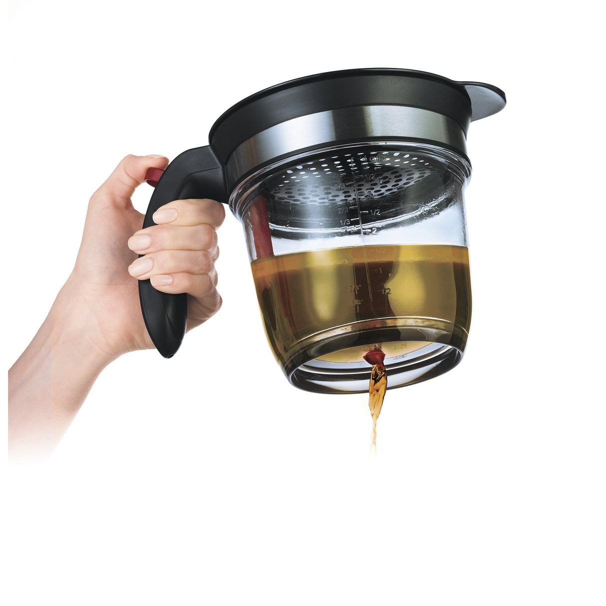 Fett-Trenner CUISIPRO EASY DRIP aus Acryl, klarer Behälter mit Ablaufschlauch zum Trennen von Fett und Flüssigkeiten.