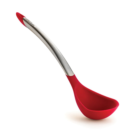 Roter CUISIPRO Schopflöffel aus Edelstahl, 31 cm lang, mit ergonomischem Griff für bequemes Servieren und Kochen.