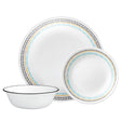 Corelle Paloma white dinnerware set with colorful graphic pattern, includes plates and bowls, durable ceramic dishware.