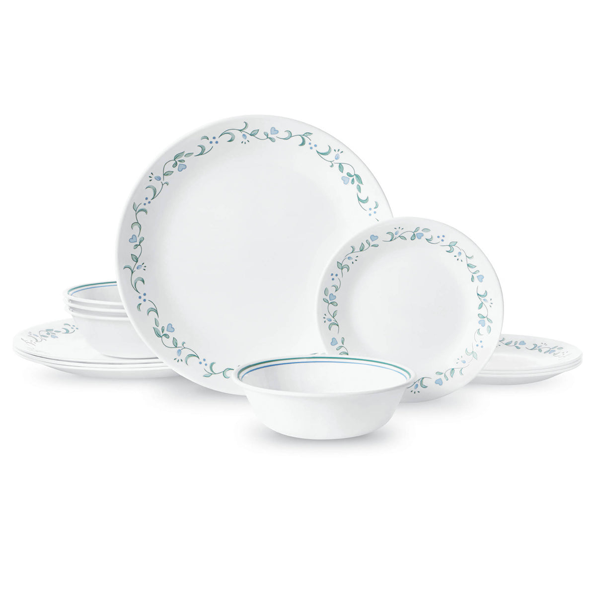Corelle Country Cottage white dinnerware set with floral graphic pattern, includes plates and bowls, durable ceramic dishware.
