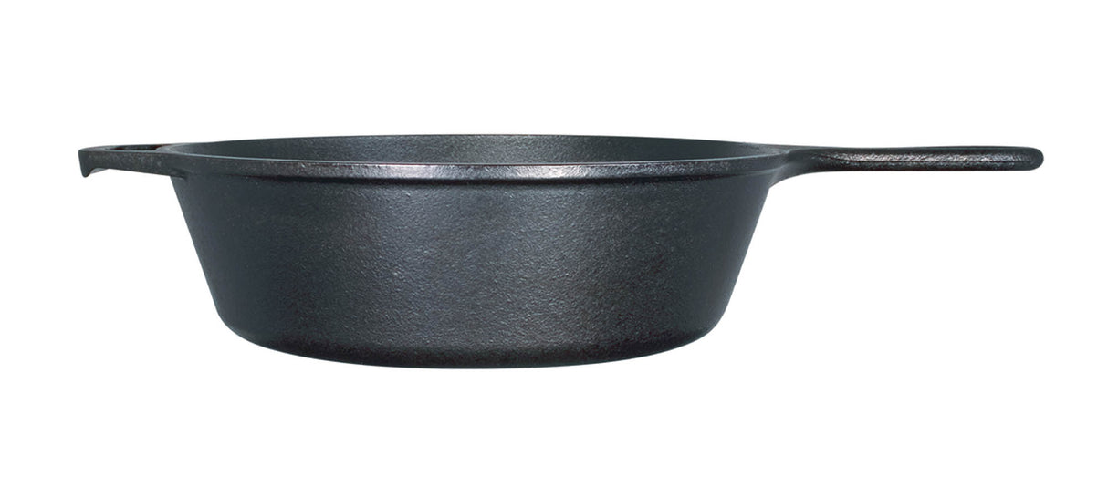 Schwarze Gusseiserne Pfanne von LODGE, Classic Serie, 25,4 cm Durchmesser, auf Herd. Robust und ideal zum Braten.