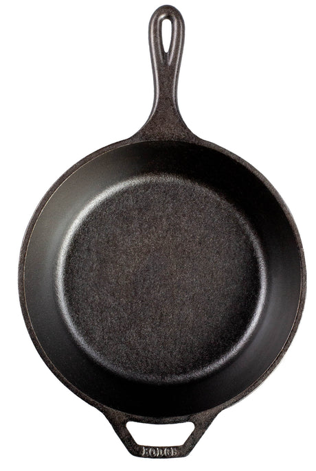 Schwarze Gusseiserne Pfanne von LODGE, Classic-Serie, 25,4 cm Durchmesser, für Braten und Kochen in der Küche.