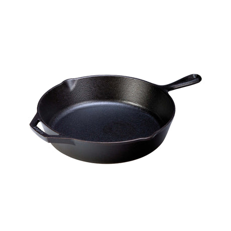Schwarze gusseiserne Pfanne von LODGE, Classic-Serie, zeigt den runden Kochbereich und den stabilen Griff.