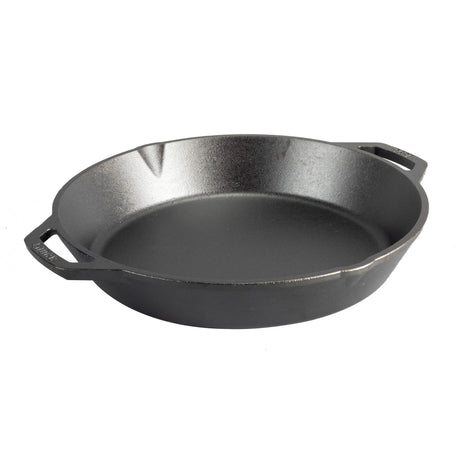 Schwarze Gusseiserne Pfanne von LODGE, Classic-Serie, langlebig und ideal zum Braten und Kochen in der Küche.