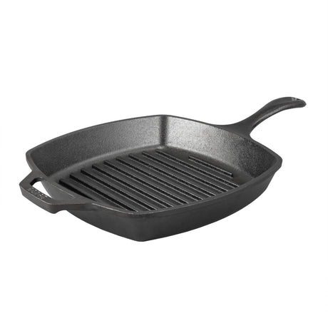Schwarze quadratische Grillpfanne von LODGE, Classic-Serie, mit 26 cm Durchmesser, auf einer Küchenarbeitsplatte.