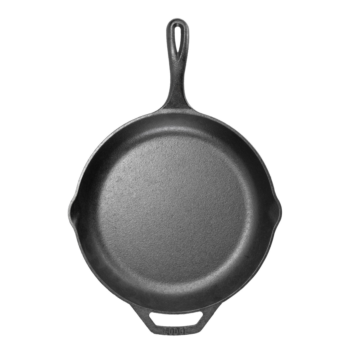 Schwarze LODGE gusseiserne Pfanne für Kochen und Braten, mit langem Griff und robustem Design.