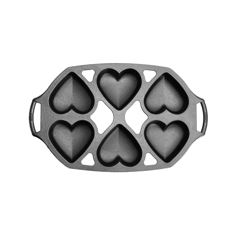 Schwarze LODGE Kuchenform in Herzform, Classic-Design, perfekt für Kuchenbacken, zeigt die 6 Herzformen in der Abbildung.