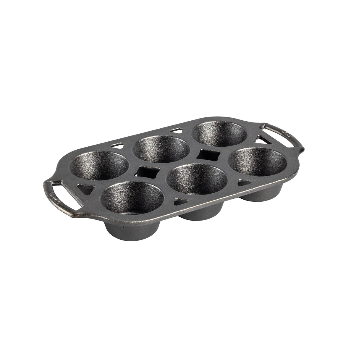 Schwarze LODGE Muffinform, klassische Backform aus Gusseisen für Muffins und Cupcakes, blickt auf hellem Küchenhintergrund.