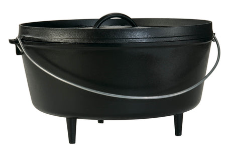 Schwarzer LODGE Grill Classic aus Gusseisen mit Deckel und Griff, ideal für Grillgerichte und Barbecue.