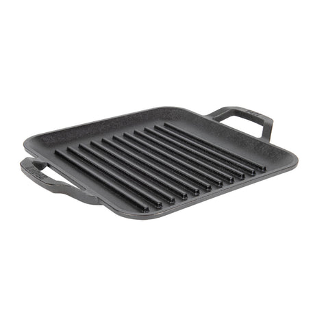 Quadratische Gusseiserne Grillpfanne von Lodge, schwarz, mit Griff, ideal für Grillgerichte und vielseitiges Kochen.