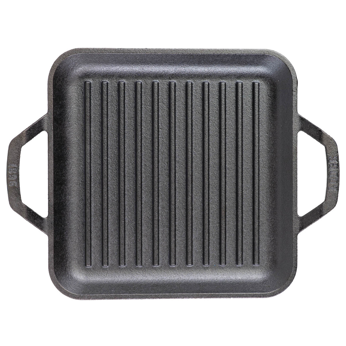 Quadratische gusseiserne Grillpfanne von Lodge, schwarz, mit Grillmuster und ergonomischem Griff, ideal für Grillgerichte.