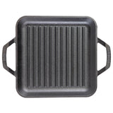 Quadratische gusseiserne Grillpfanne von Lodge, schwarz, mit Grillmuster und ergonomischem Griff, ideal für Grillgerichte.