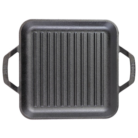 Quadratische gusseiserne Grillpfanne von Lodge, schwarz, mit Grillmuster und ergonomischem Griff, ideal für Grillgerichte.