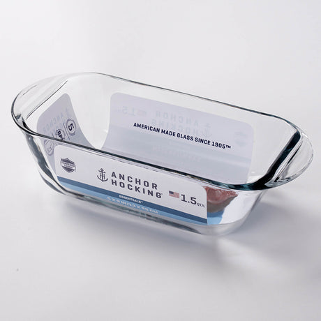 Anchor Hocking Essentials glass baking dish, 1.4L rectangular Auflaufform with clear glass and sturdy construction.