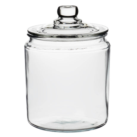 Anchor Hocking Heritage Hill storage jar with clear glass body and a metal lid for kitchen organization.